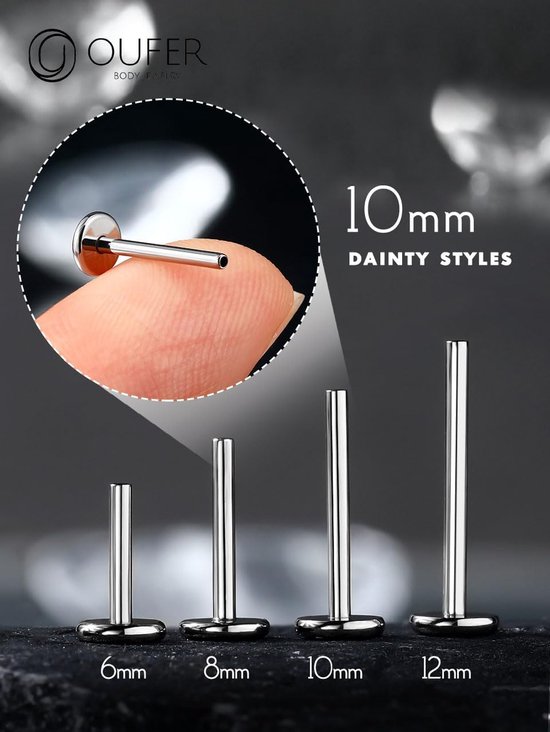 2 stuks 16G/18G/20G Gold Threadless Post titanium G23 vervangende staafjes voor oorbel tragus stud conch lobe lip ring piercing sieraden voor vrouwen 6/8/10/12 mm — afbeelding 2