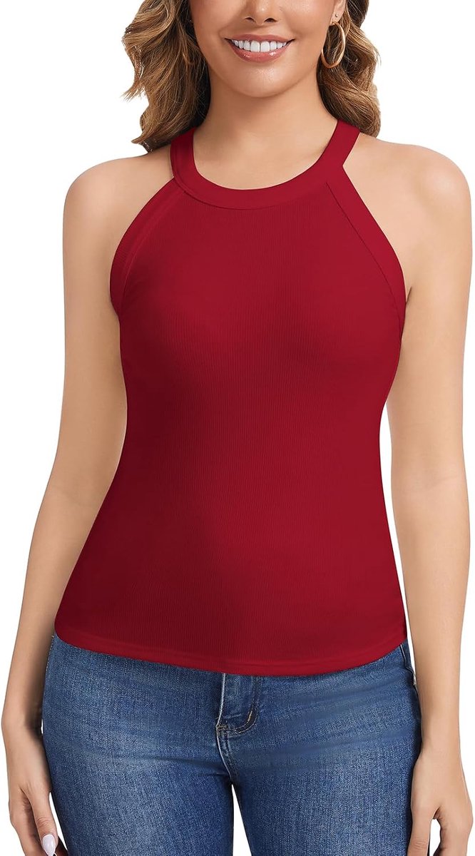 Dames halterhemd geribbelde tanktop zomer sexy basic U-hals ingebouwde gekruiste rug tops