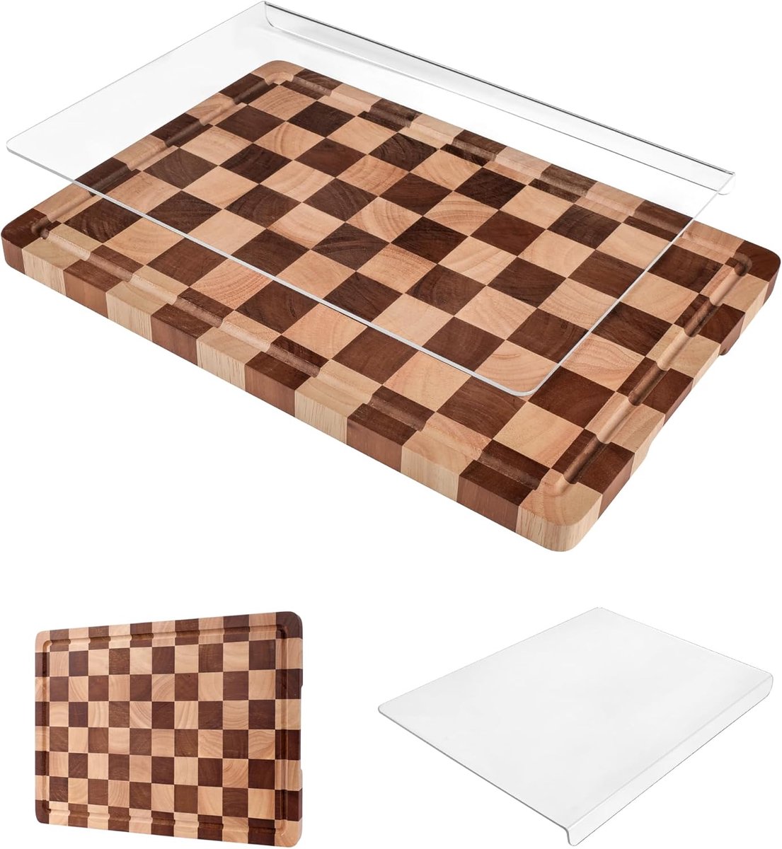 Snijplankenset van 2 – Geruite Houten en Acryl Snijplank met Opstaande Rand voor Aanrecht, met Sapgroeven voor Groenten, Fruit en Vlees