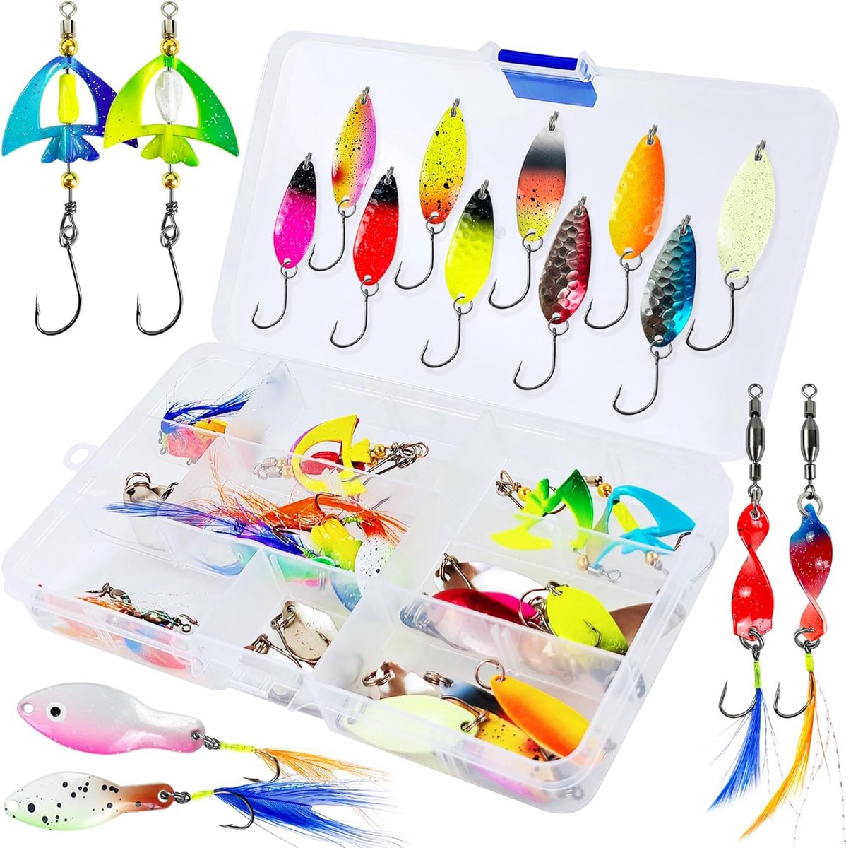 forelaas, 27 stuks UV-actief kunstaas, spinner, knipperlichtset, forelaas, spoons, kit voor snoek, snoekbaars, baars, forel