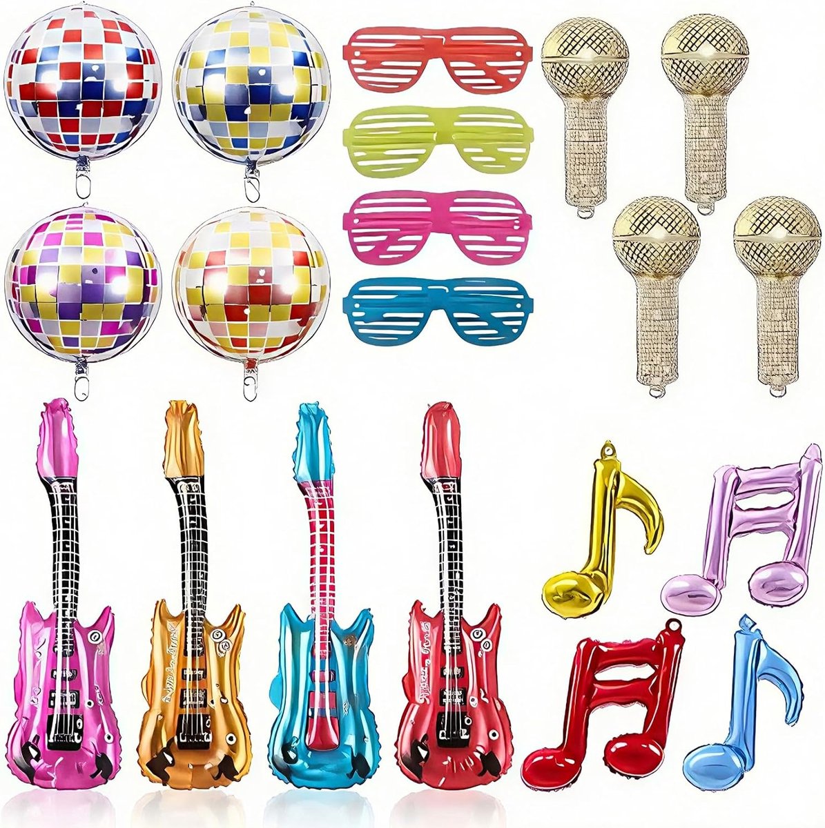 Inflables para Niños – Set de 4 Guitarras con Cascabeles, 4 Micrófonos, 4 Gafas de Sol y 4 Globos de Notas Musicales – Perfecto para Fiestas de Tema Rock, Cumpleaños y Decoracio