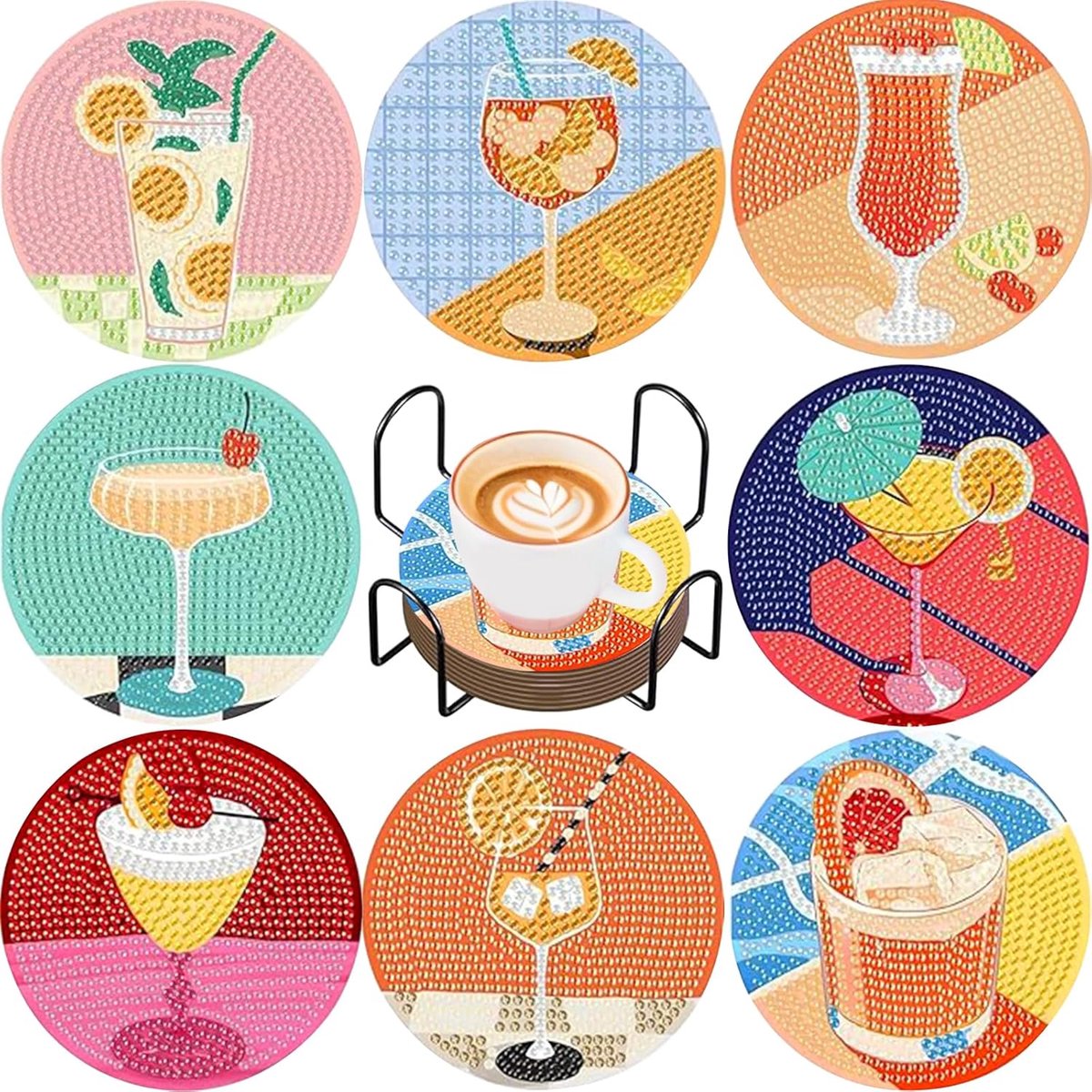 8 stuks diamantkunst onderzetters met houder, voor cocktail kopjes, diamantkunst voor volwassenen, DIY diamantschilderij voor kinderen en volwassenen,beginners