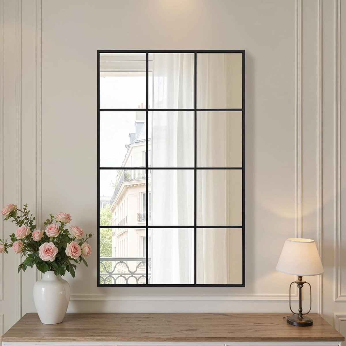Tuinspiegel voor buiten, 90 x 60 cm, wandspiegels voor decoratie, raamspiegel met aluminium frame, voor hal, woonkamer, slaapkamer, entree, zwart