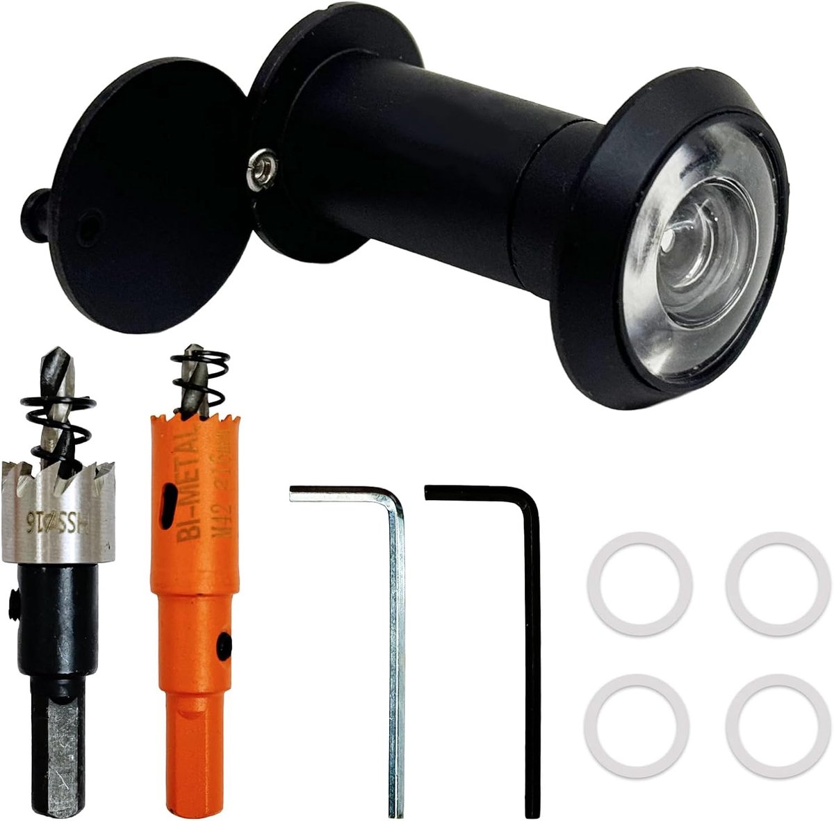 Deurspion 200° groothoek met inkijkbescherming van zinklegering, Ø 16 mm, spion met hout en metalen boor instelbare lengte kattenoog deurspion voor 35-60 mm deuren (zwart)
