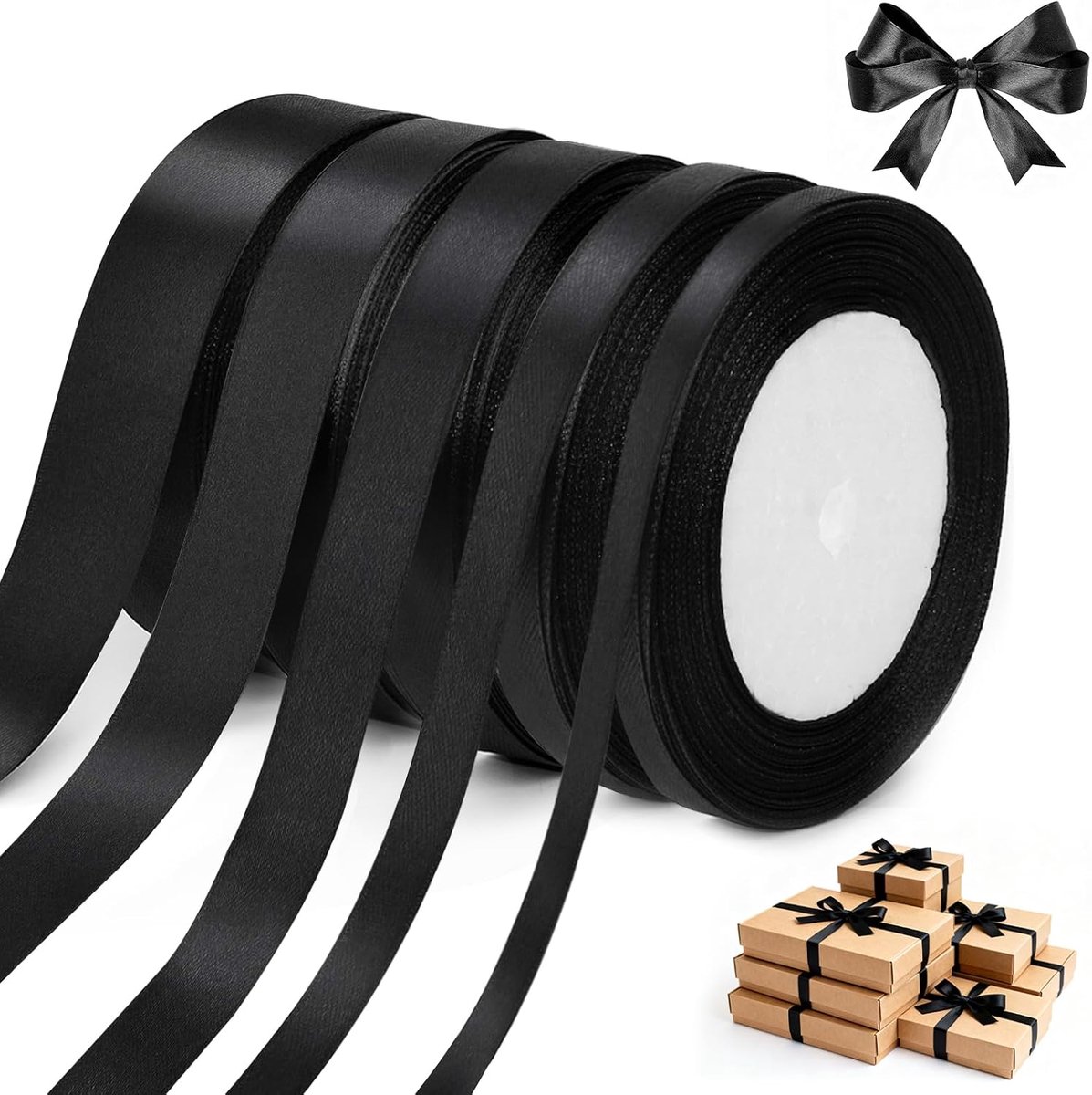 5 rollen 22 m cadeaulint zwart 6/10/12/15/20 mm rouwlint zwart polyester zwarte lintenset voor bruiloft, verjaardag, Kerstmis, Halloween, begrafenis, knutselen en boeketten