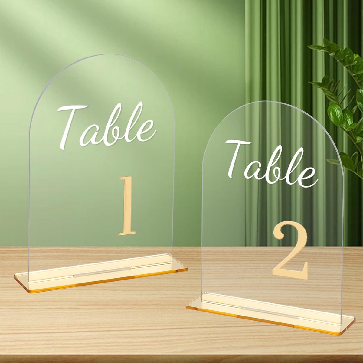 Set van 20 tafelnummers, acrylborden, transparante boog, tafelnummerbordje met standaard, 1-20 gouden cijfers, tafelnummers voor bruiloften, jubilea, feesten