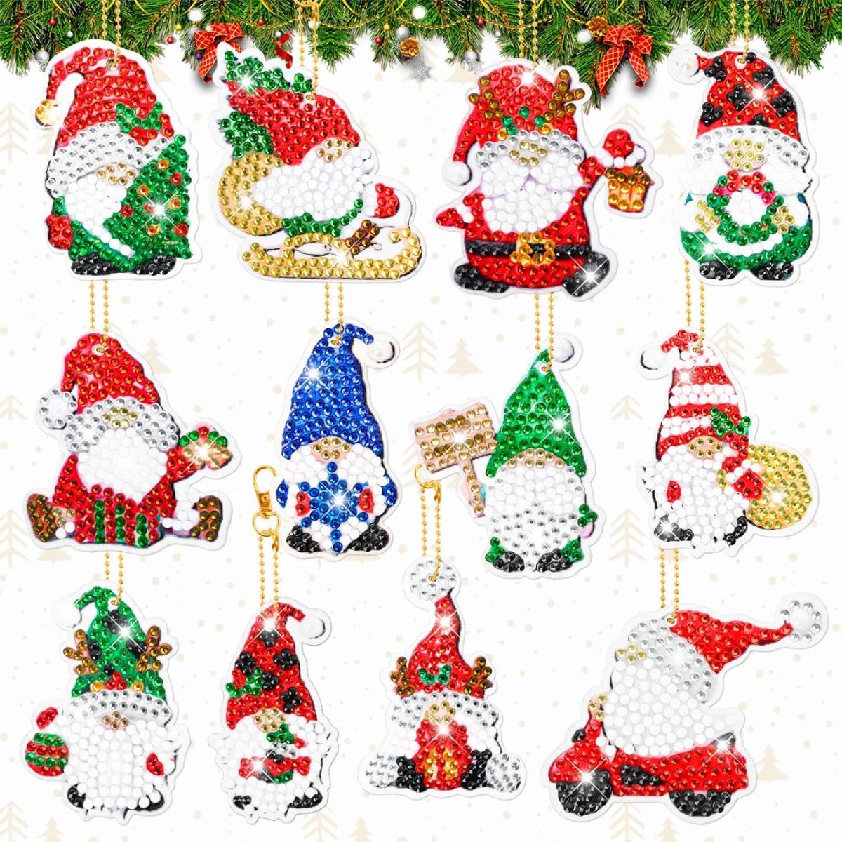 Diamond Painting kersthangers, 12 stuks 5D dubbelzijdige kabouters diamond painting sleutelhangers, DIY diamant schilderijen knutselset kinderen, cadeauhangers kerstboom decoratie