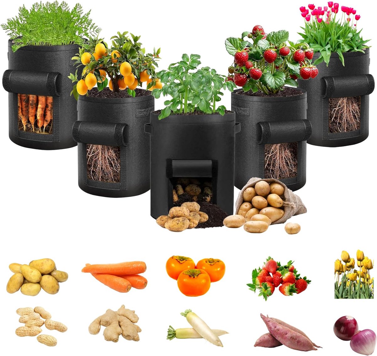 10 Gallon 5 Pack Aardappel Grow Bags, Plant Growing Fabric Potts Set voor Wortelen Tomaten en Andere Groenten, Planter Bag