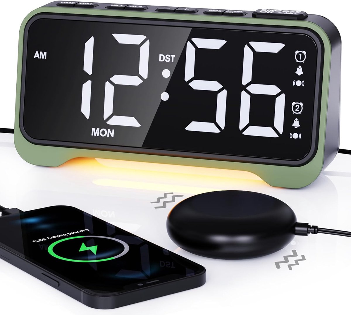 Digitale wekker voor diepe slapers, trilwekker voor diepe slapers, doven, slechthorenden, grote cijfers met weekdag, dubbel alarm, instelbaar volume en dimmer, USB, nachtlampje, DST