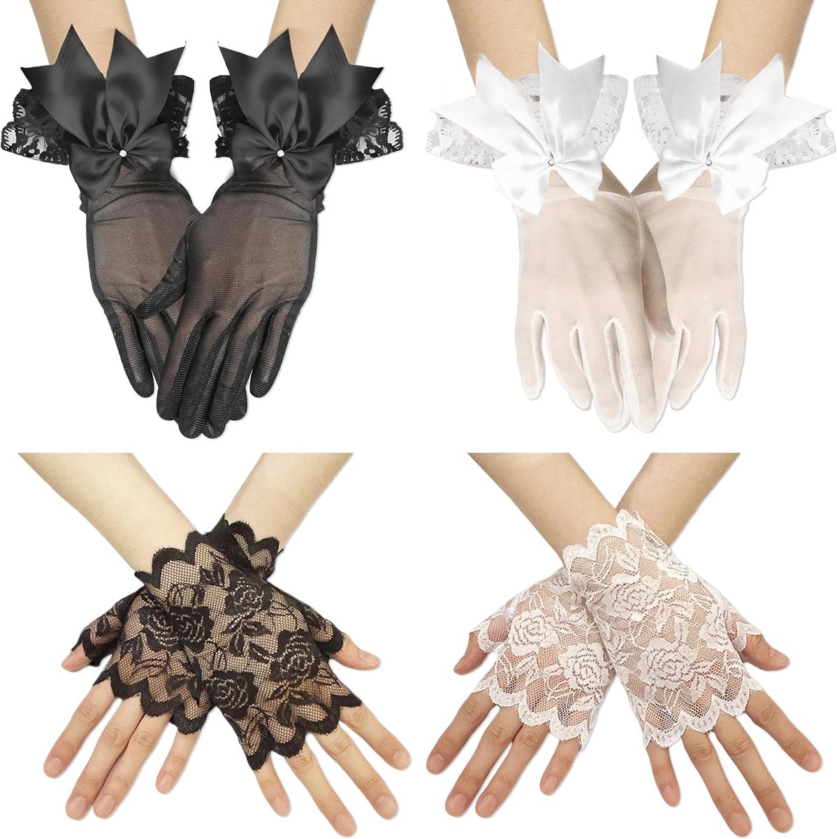Handschoenen, 4 Paar Zwarte Vingerloze Handschoenen Met Strik, Mesh Handschoenen Dames Kort Bruidshandschoenen Zwart Wit Voor Kerst Bruiloft Feestje Theekransje