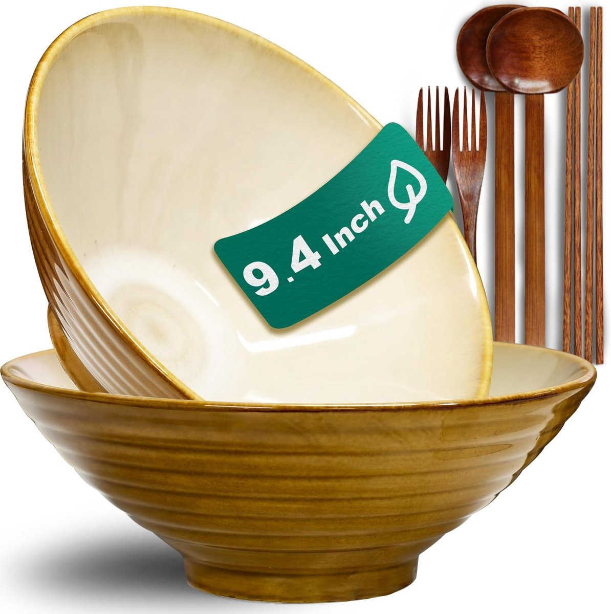 9.4 Inch 2 Sets Keramische Ramen Kommen (8 Stuks) - Japans Porselein Vaatwasserbestendig Magnetronbestendig Salade Grote Kommen Met Eetstokjes Vorken Lepels Voor Mannen Vrouwen Housewarming Cadeau