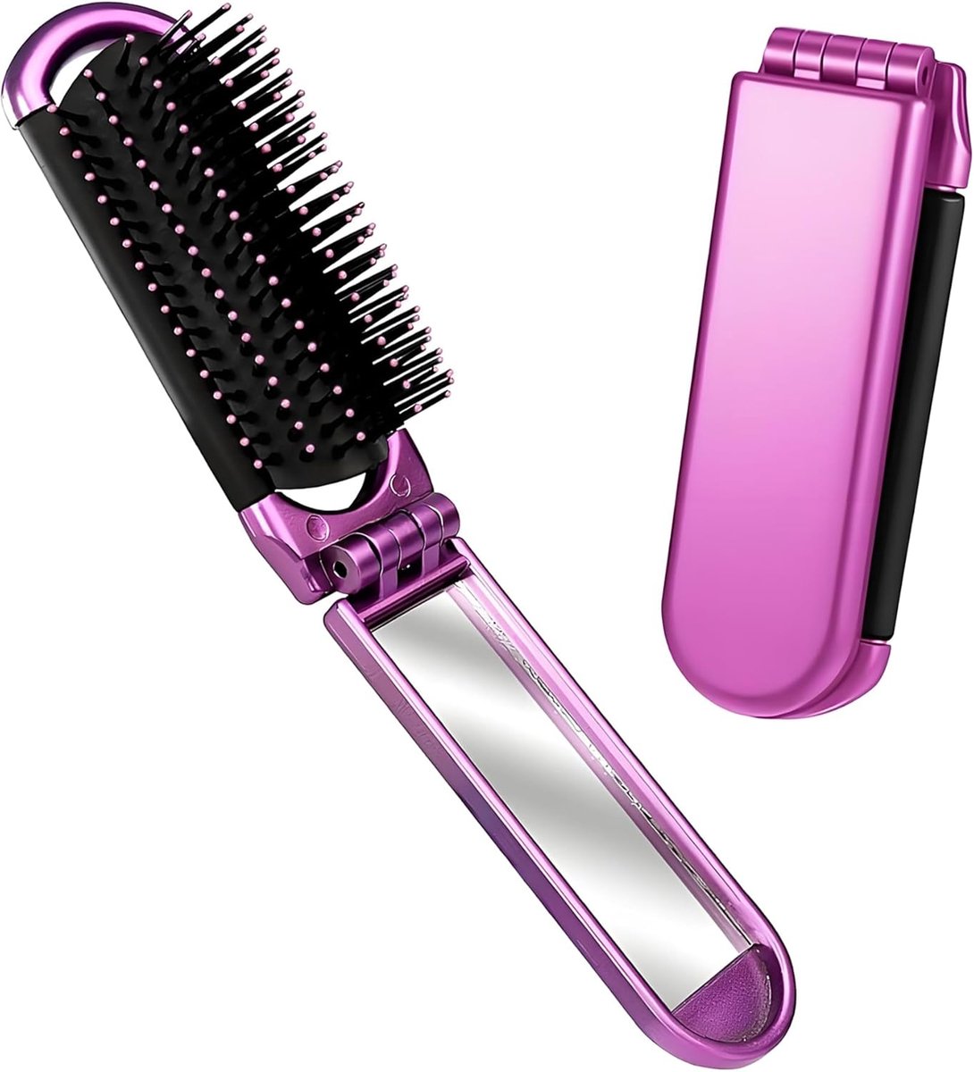 Reis-haarborstel met mini-spiegel, inklapbare massageborstel, compact haarstyling-gereedschap voor sportschool, reizen, tas, zwemmen (paars)