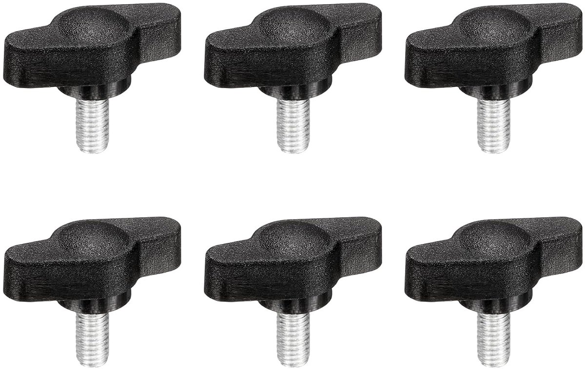 Vleugelschroeven M5 x 10 mm, 6 stuks mechanische handgrepen bouten van koolstofstaal voor het vervangen van handmatige klemknoppen, voeding, zwart