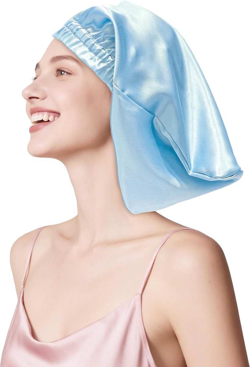 townssilk Zijden slaapmuts 100% 22 momme moerbeizijde voor dames, luxueus ademend, zit veilig 's nachts en drukvrij, ideaal voor lang en krullend haar - Iceblue 32cm