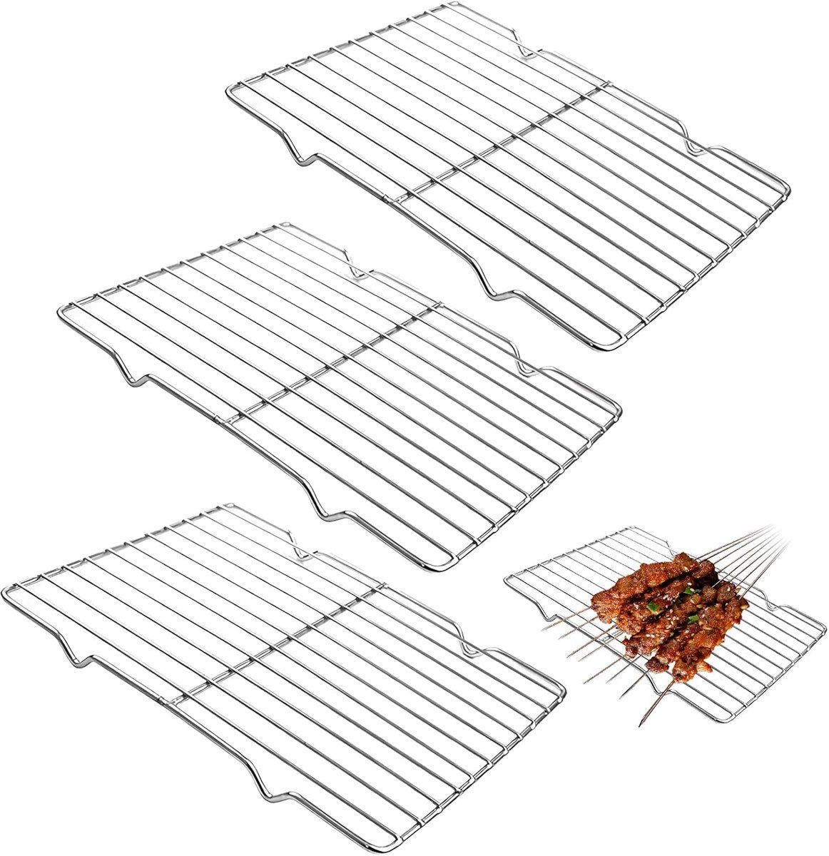 3 stuks koelrooster, roestvrij staal, rechthoekig, grillrooster, groot bakrooster, vaatwasmachinebestendig, voor bakken, afkoelen, grillen en braden (31 x 20 x 1,5 cm)
