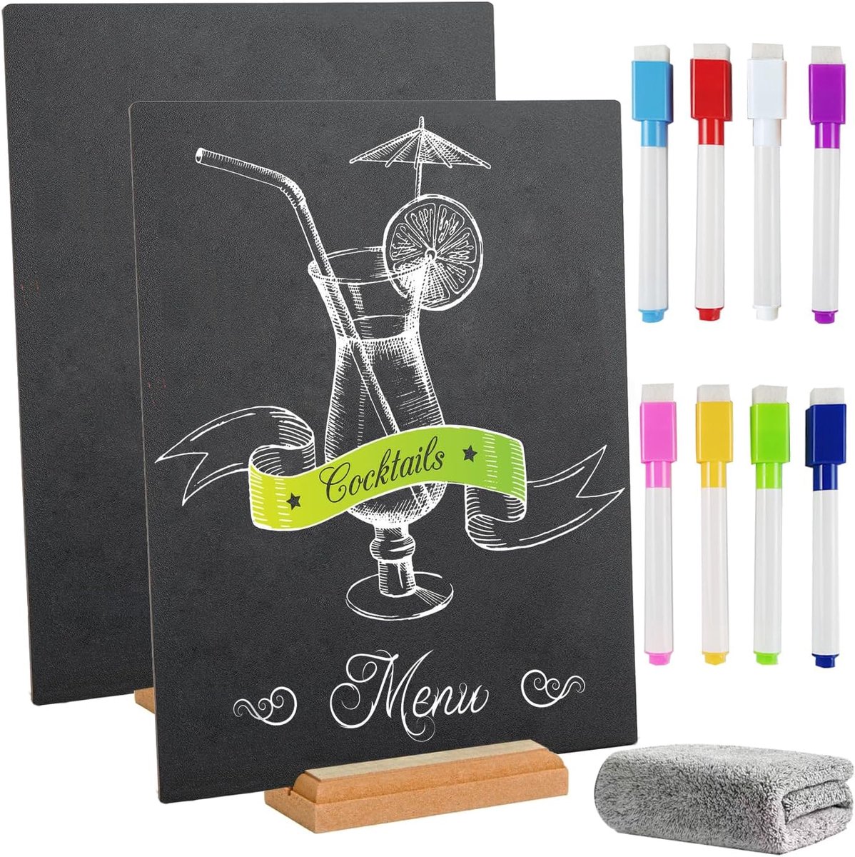 schoolbord met houten basis, 21 x 30 cm menukrijtbordstandaard, prikbord, bar en speciale evenementendecoraties, hangend dubbelzijdig krijtbord bord voor doe-het-zelf woondecoratie (2 stuks)