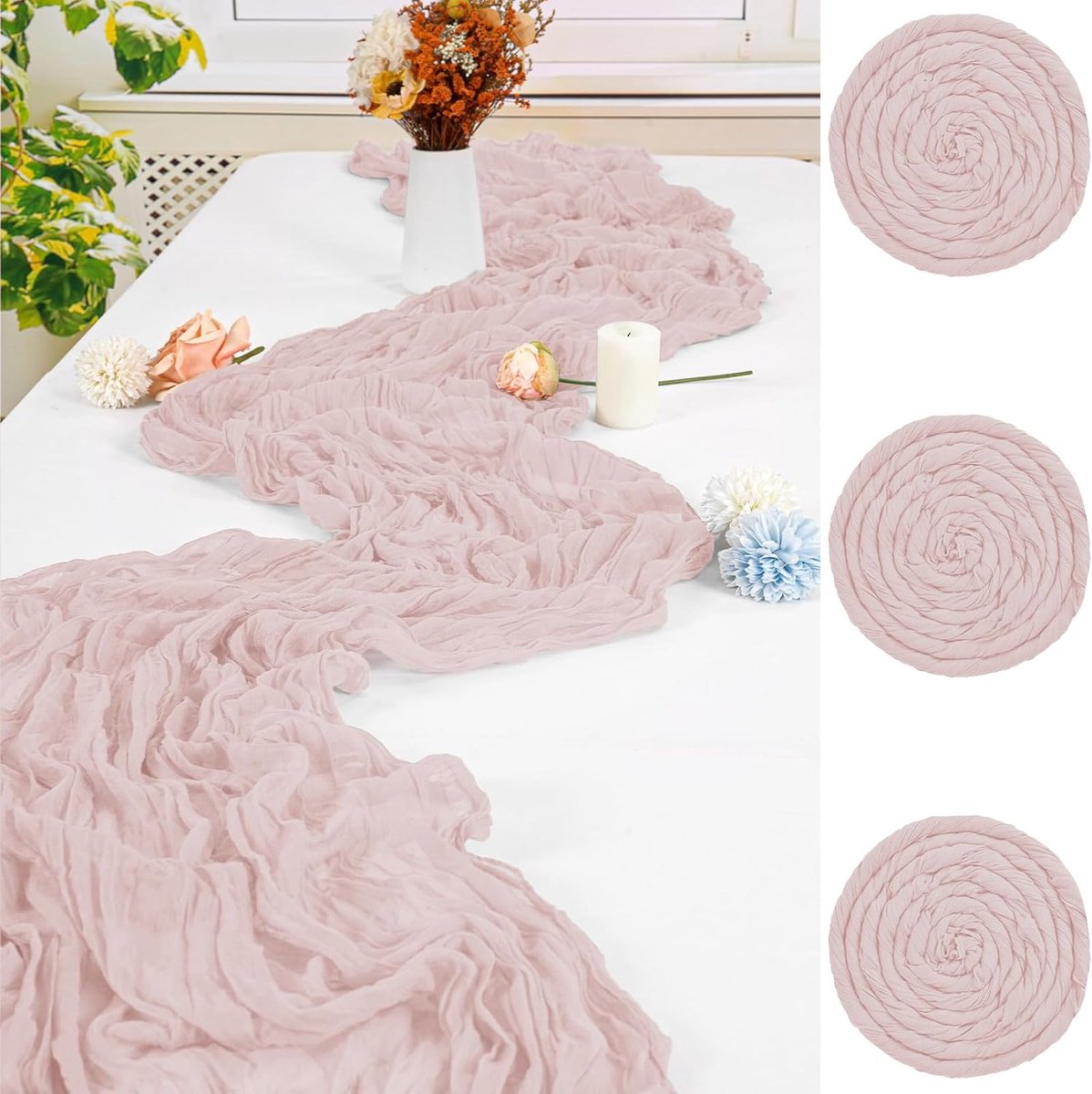 3 stuks stoffige roze linnen tafelloper, 90 x 300 cm, rustieke gaasstof, boho-tafelloper, kaasdoek, kaasdoek, kaasdoek, tafelloper, bruiloft, tafelkleed voor bruiloft, bruidsfeest, banket