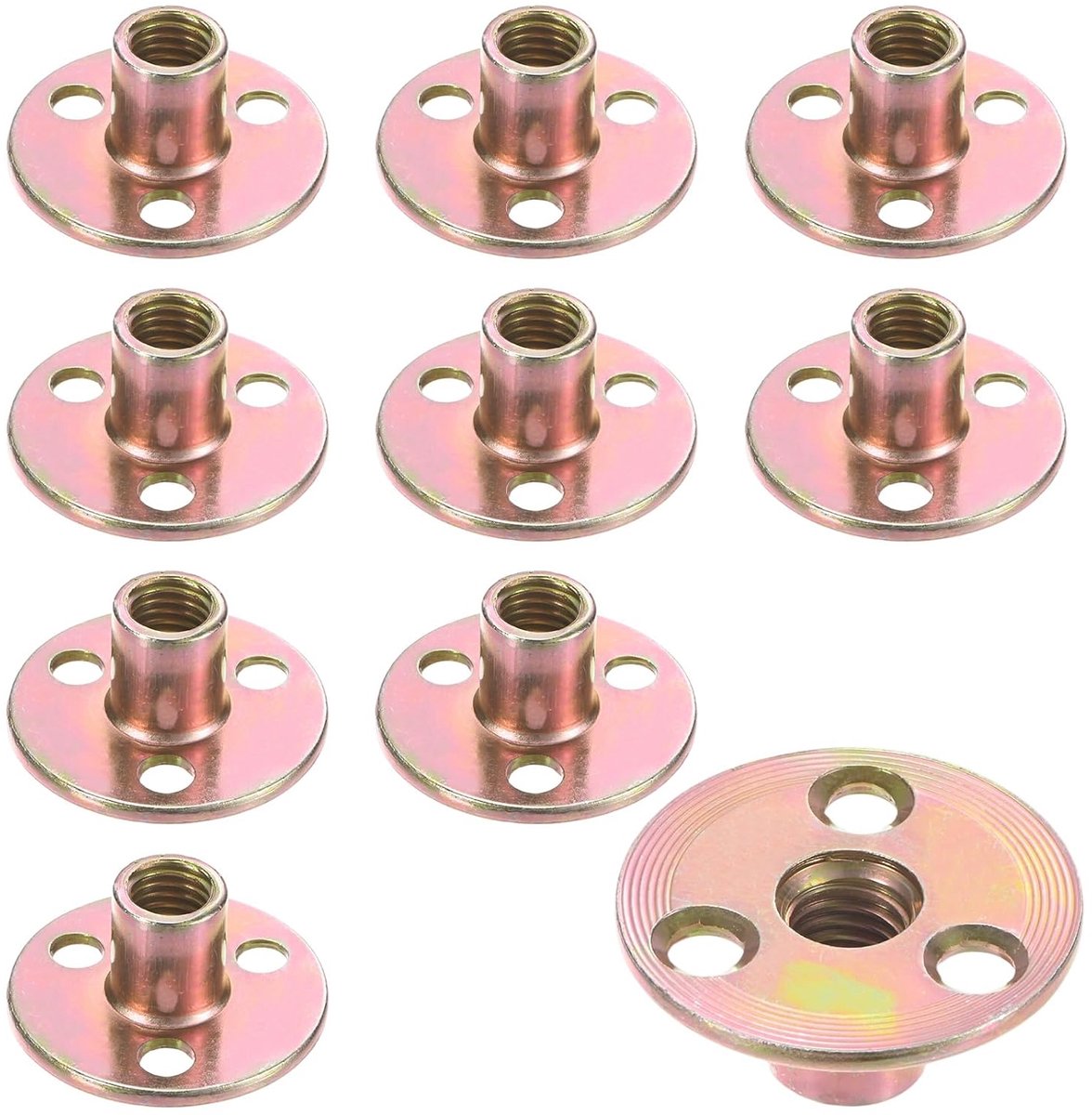 METERXITY 10 stuks M10 x 17 mm T-groeven, verzinkt, koolstofstaal, 3 gaten, ronde basis, lamoeren, doorgaand gat, hardware, meubels, flens, schroefdraadinzet, vrouwelijk, goudkleurig
