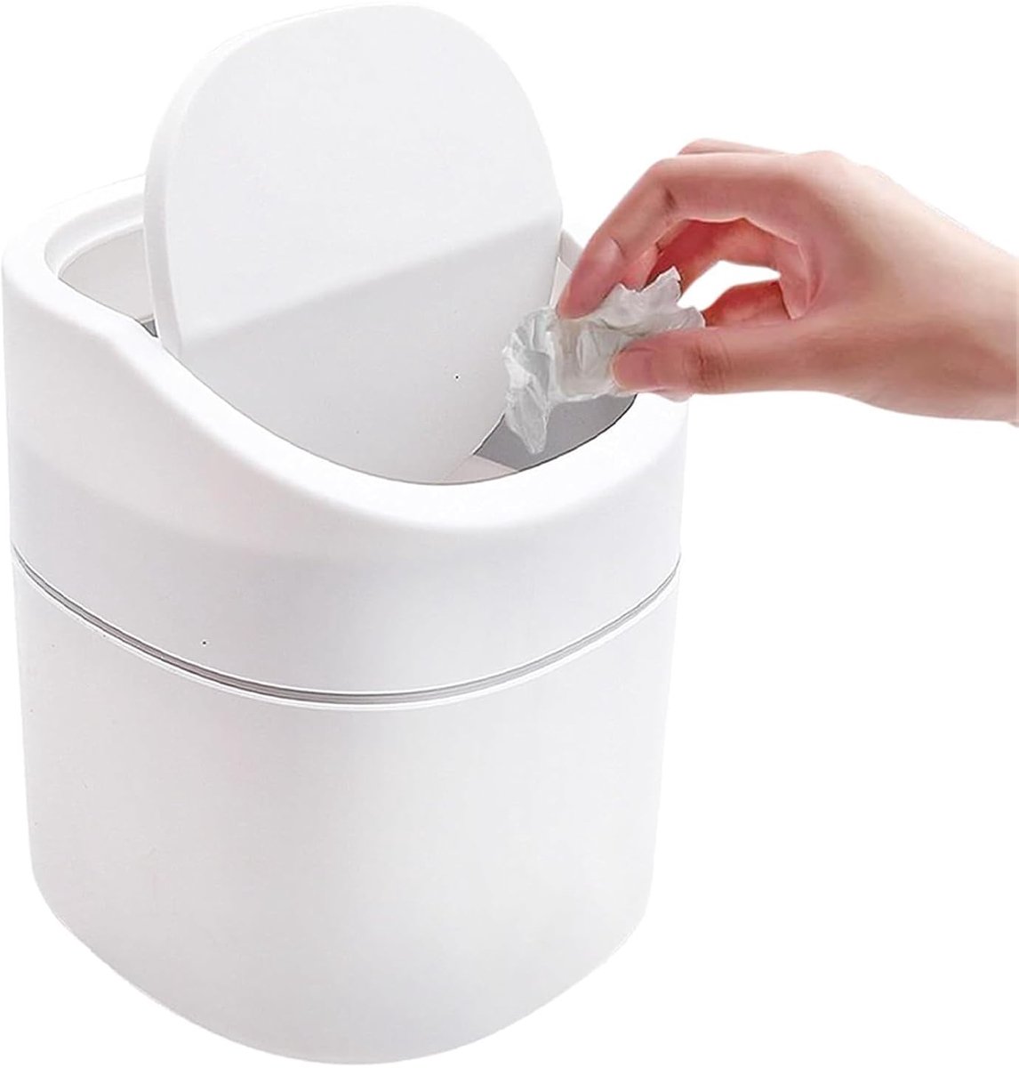 vuilnisemmer met schommeldeksel, 16 cm hoogte, geurreducerend, wit, compact voor tafel en bureau