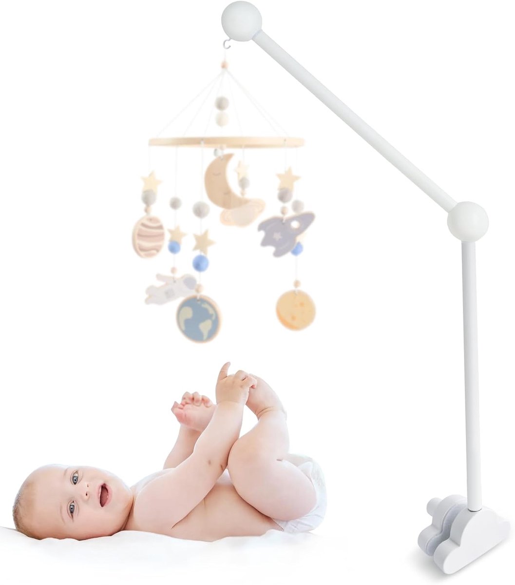 Mobiele houder van hout voor babybed, mobiele standaard, wit wolkendesign, wit | Aurinovellia 360° draaibare babymobiele hanger, afneembaar om op te hangen, muziekdoos, bedbel, windgong, babybed, speelgoed