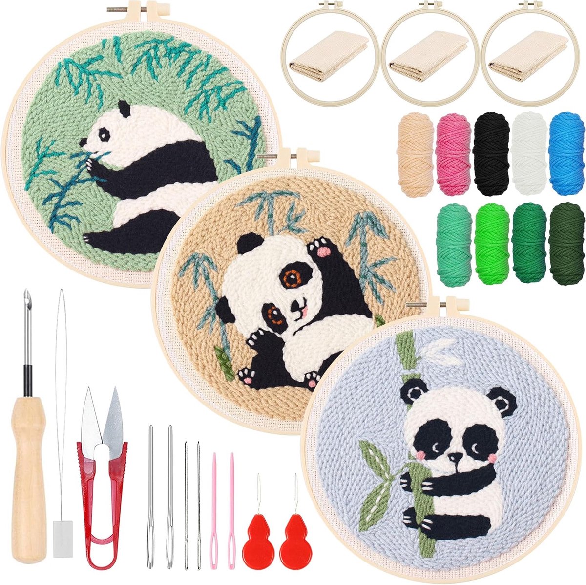 Punch Naald starterset, borduurset voor stansnaalden met handleiding (mogelijk niet beschikbaar in het Nederlands), kunststof cirkel, garen en naaldstift met handvat voor borduren (panda en