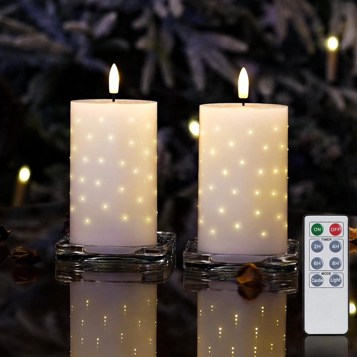 Echte Wax LED Kaarsen Wit met Twinkelende Glasvezelverlichting, Decoratieve Kaarsen op Batterij voor Kersttafel Centerpieces, Batterijen en Afstandsbediening Inbegrepen - 7,5 x 7,5 x 12,5 cm
