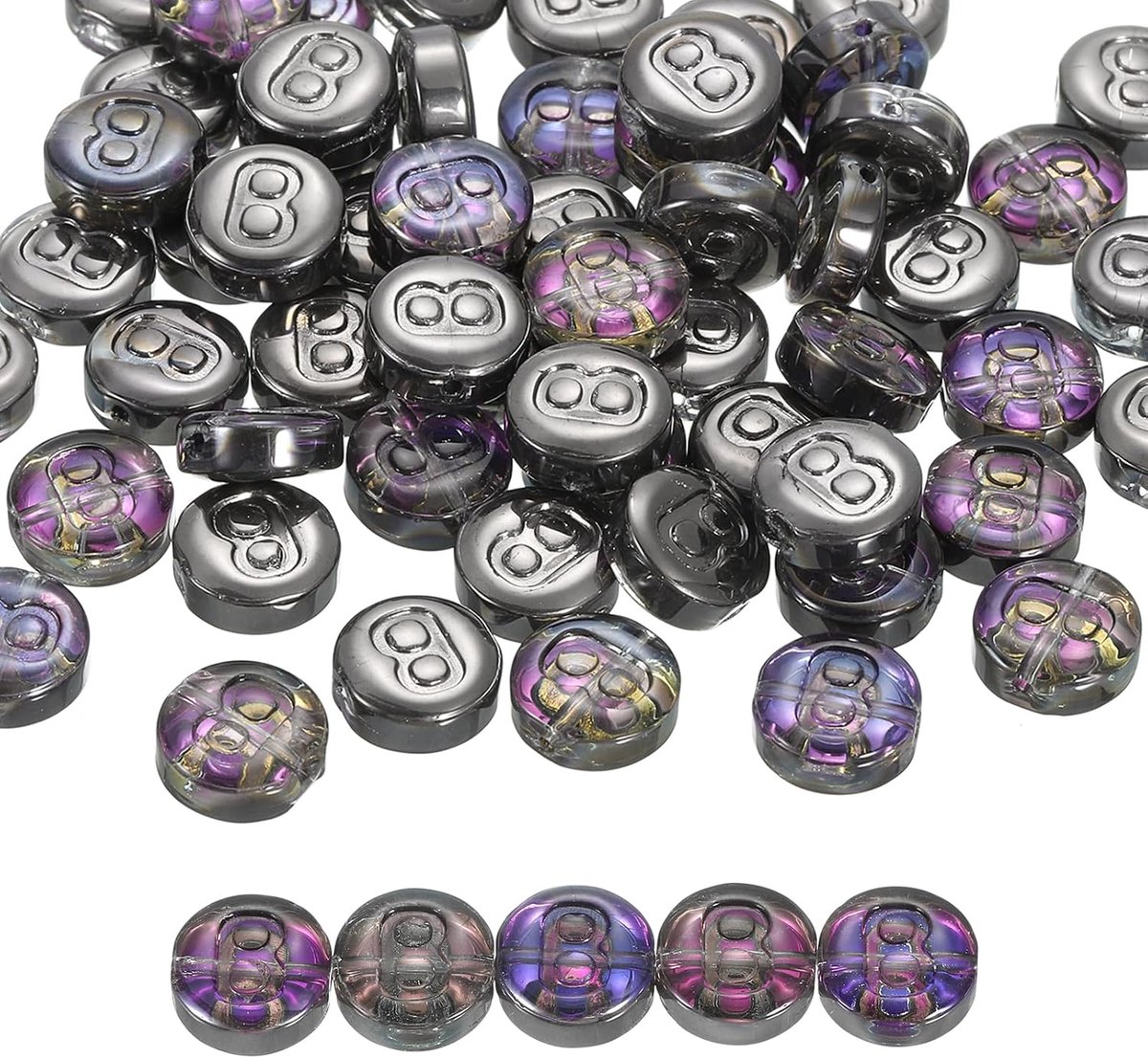 Kralen, 10 mm platte ronde alfabetletters B, initiaalletterafstandkralen voor doe-het-zelf armbanden, halskettingen, oorbellen, sieraden, zwart-paars