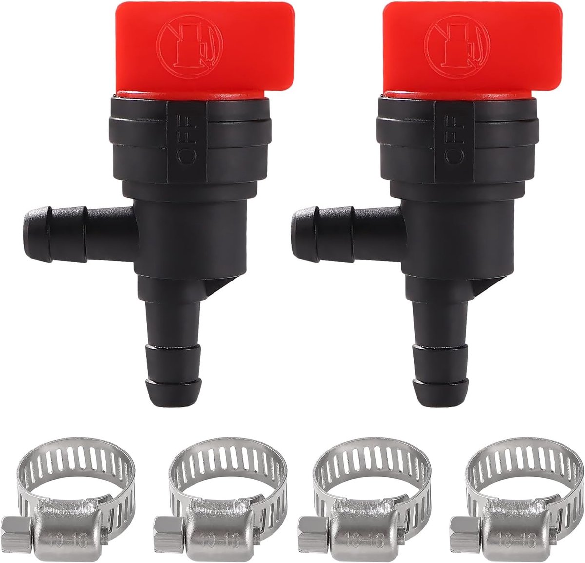 2 Stuks 1/4" 90 Graden Brandstofafsluitklep, 6-8 mm Universele Kunststof Afsluitkraan, met 4 Stuks Slangklemmen, voor Bosmaaieraccessoire