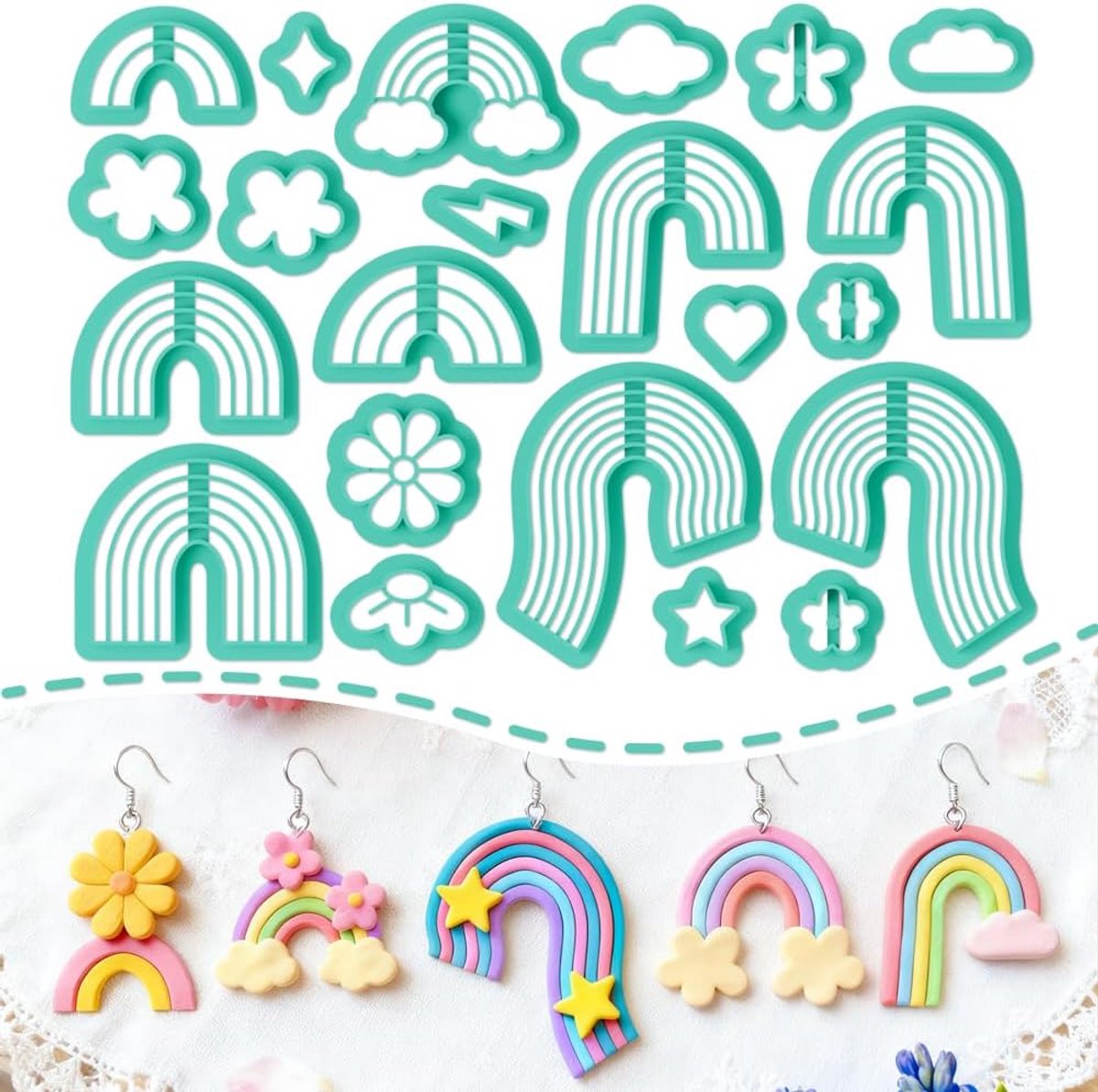 22 stuks regenboog polymeer klei snijders set PLA klei oorbel snijders voor oorbel, kettingen, armbanden maken polymeer klei mallen met opbergdoos