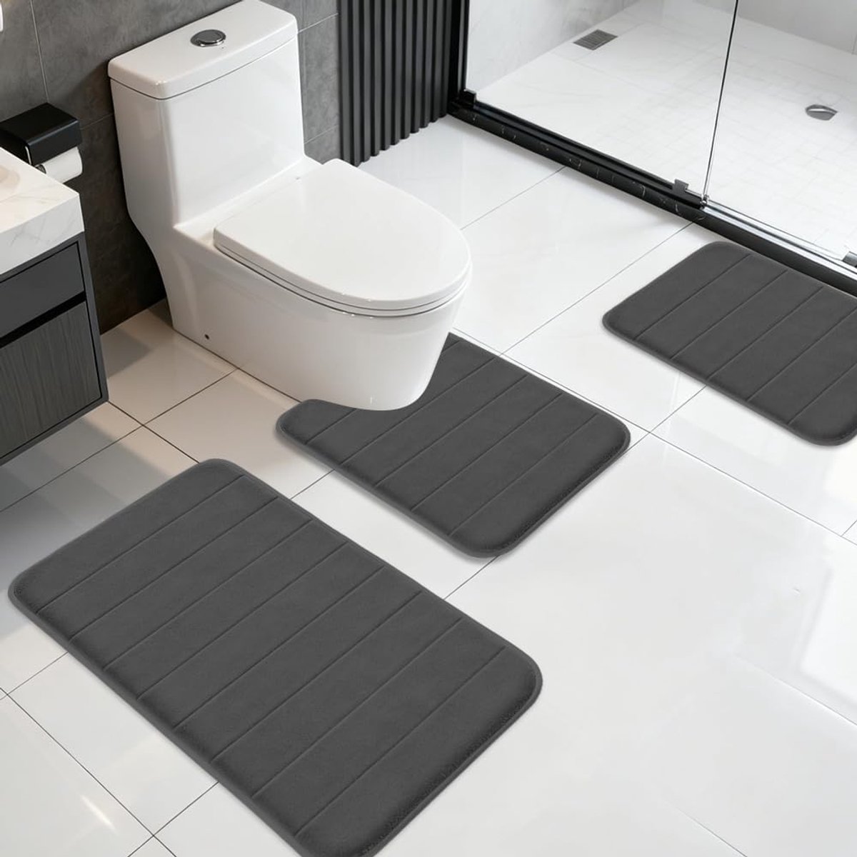 Badmatten, antislip, machinewasbaar en absorberend, voor douche, badkamer, toilet en badkuip (donkergrijs)