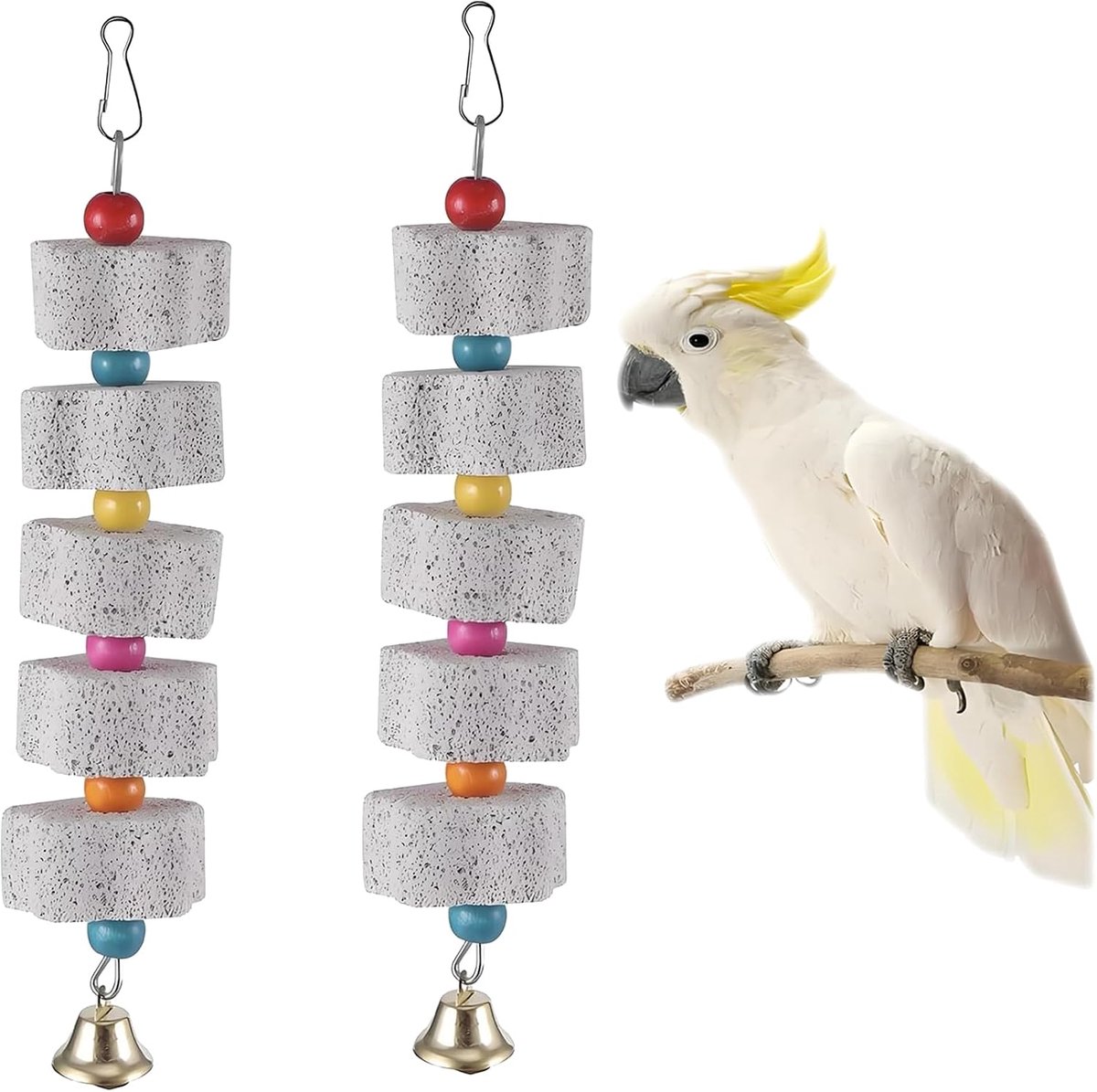 Speelgoed voor vogels, slijpen calciumsteen met klokken, 25 cm papegaaiensnavel-slijpsteen, vogelsnavel-slijpsteen, kauwspeelgoed voor kaketoe, parkiet, valkparkiet