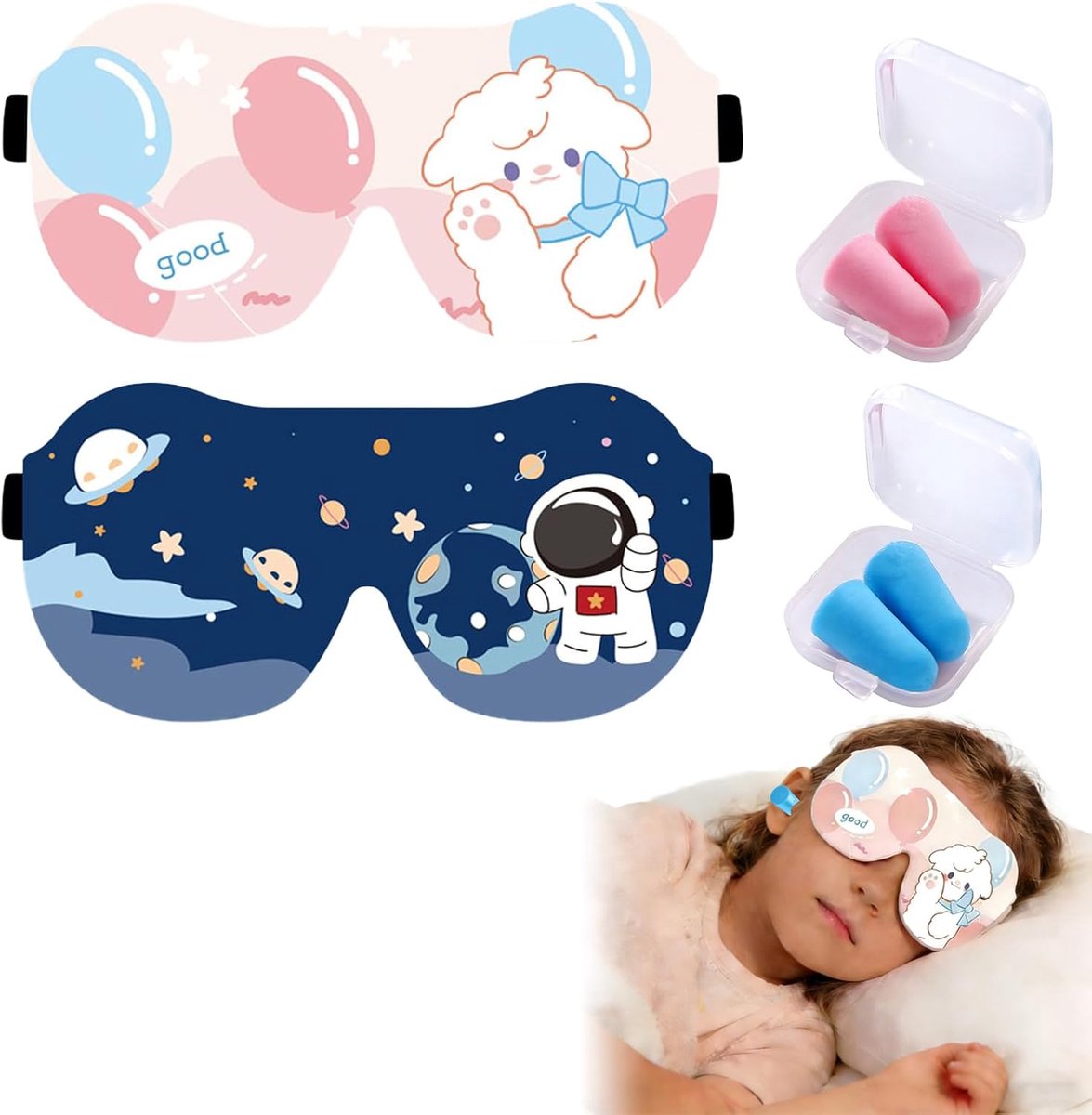 3D-slaapmasker voor kinderen, 2 stuks, ademende slaapbril met verstelbare elastische band, lichtblokkerend en comfortabel oogmasker, zacht slaapmasker voor op reis (2 paar oordopjes) (meerkleurig-1)