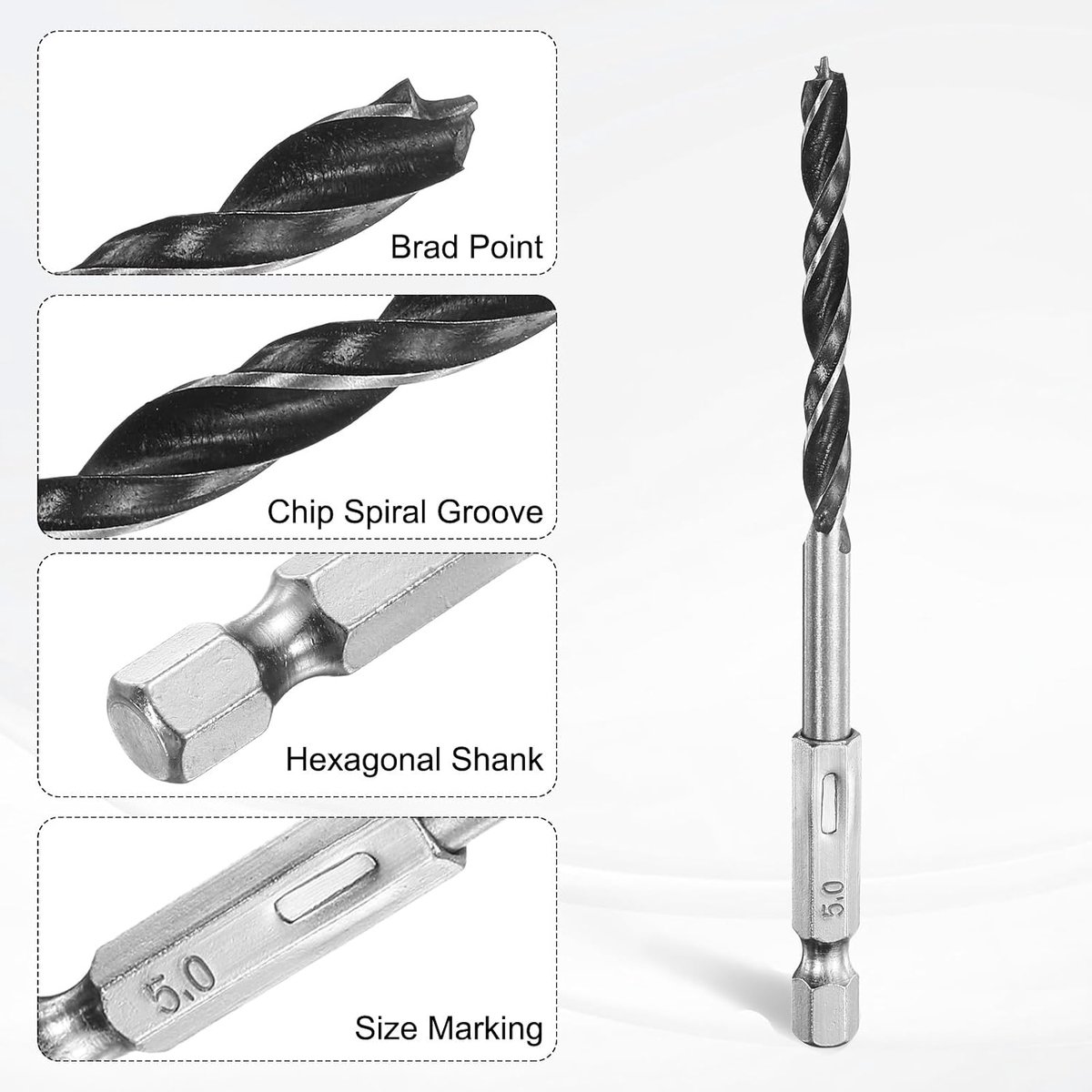 Brad Point-boren, 10 stuks, 5 mm diameter, met 1/4 inch zeskantige schacht, houtboor van koolstofstaal, 48,5 mm boordiepte, metaal, spiraal-twist-boorgereedschap voor houtbewerking