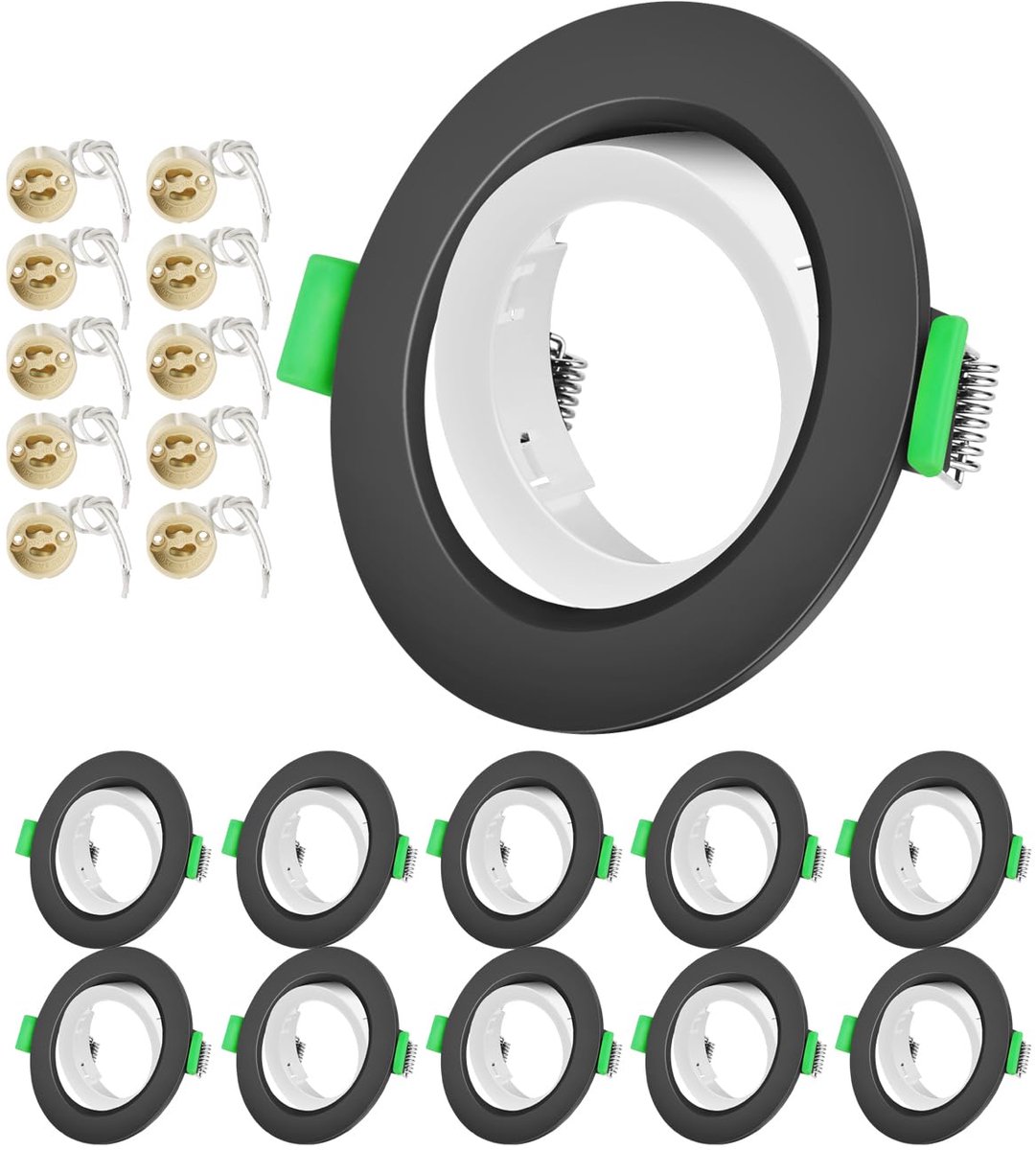 Inbouwspot GU10 Set, 10 stuks montagelijst zwart exterieur en wit interieur met keramisch stopcontact, Ø 75 mm draaibaar 35° voor LED-lampen
