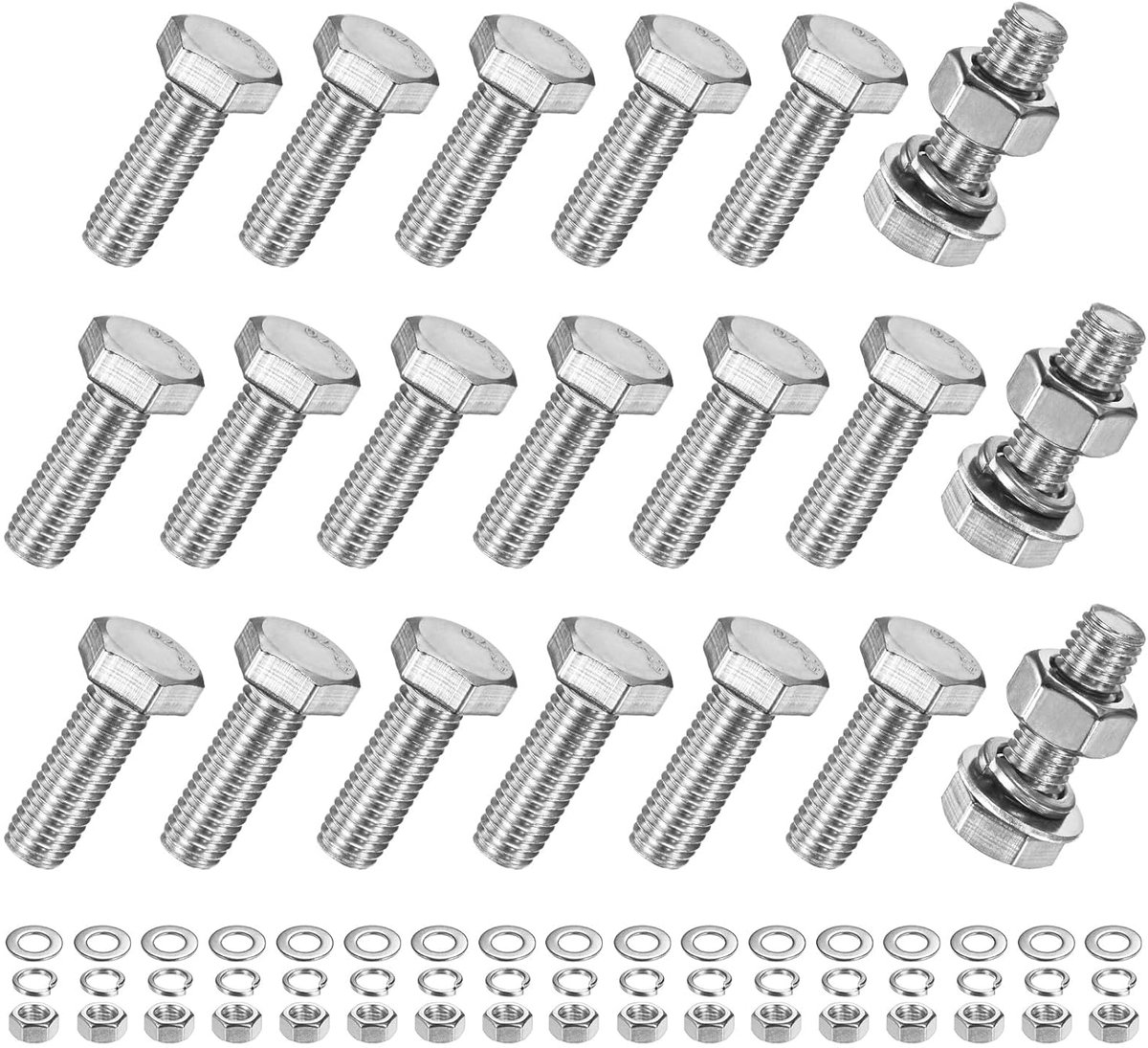 METERXITY 20 stuks zeskantschroeven met moeren met platte sluitringen en vergrendeling M10 x 30 mm kit schroeven en moeren van roestvrij staal, volledige schroefdraad, assortiment metrische