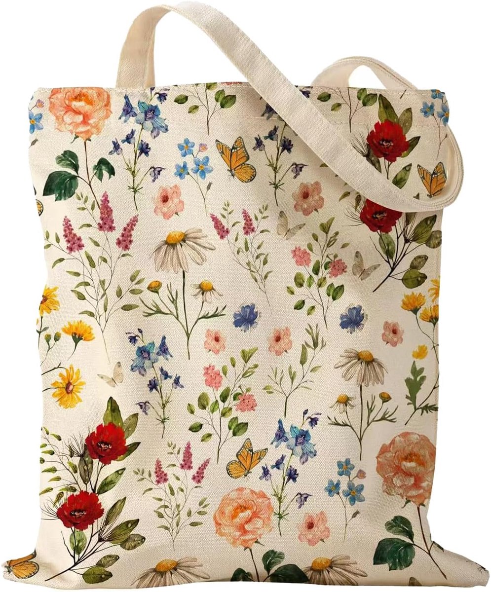 Vlinder Bloemen Canvas Tote Bag, 35X38CM het Winkelen Zak, Natuurlijke Katoen, Bloemenontwerp, Roomkleur