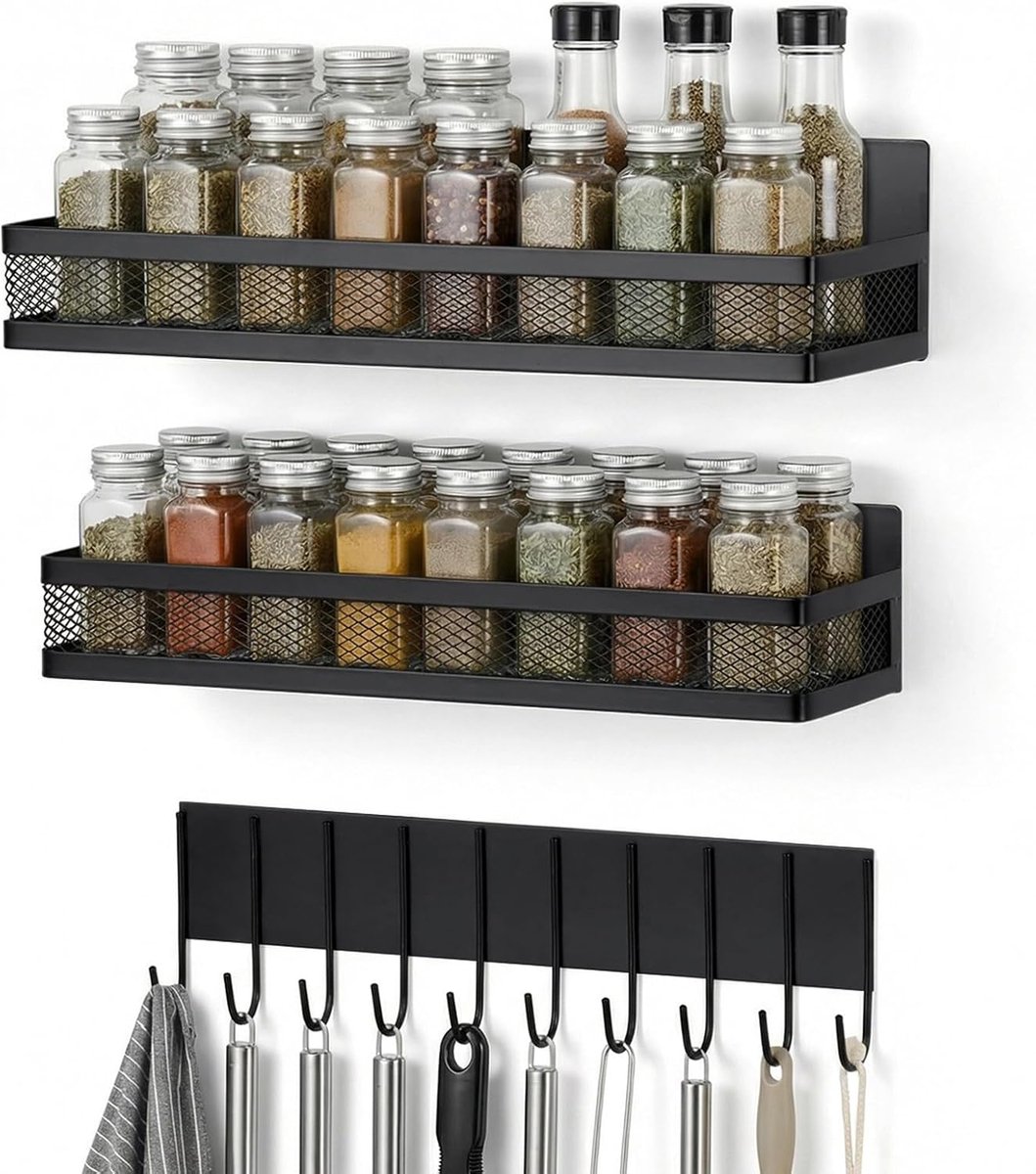 kruidenrek voor koelkast, 3 stuks, magnetische plank, beweegbare magnetische koelkastorganizer met 10 haken voor keukenorganisatie en opslag