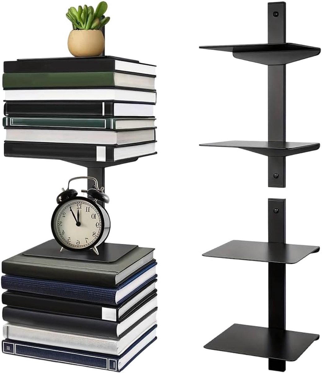 Zwevende boekenplanken, onzichtbaar boekenrek aan de muur, 4 verdiepingen van metaal, draagkracht 12 kg per niveau, zwart