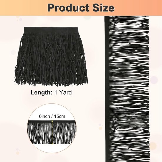 METERXITY PU Lederen Franje Trim, 1 Yard 15,5 cm Zwart Dubbelzijdig Suede Kwastje Naaien Trim voor DIY Ambacht/Naaien Jurk Kostuum/Tassen Schoen Decoratie, Franje Kwastje — afbeelding 2