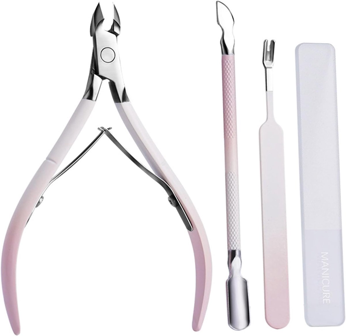 nagelriemverwijderaar en manicureset: nagelriemsnijder, trimmer, knipper en nagelgereedschapset, dubbelzijdige duwer en glazen nagelvijl (4-delig in lederen etui)