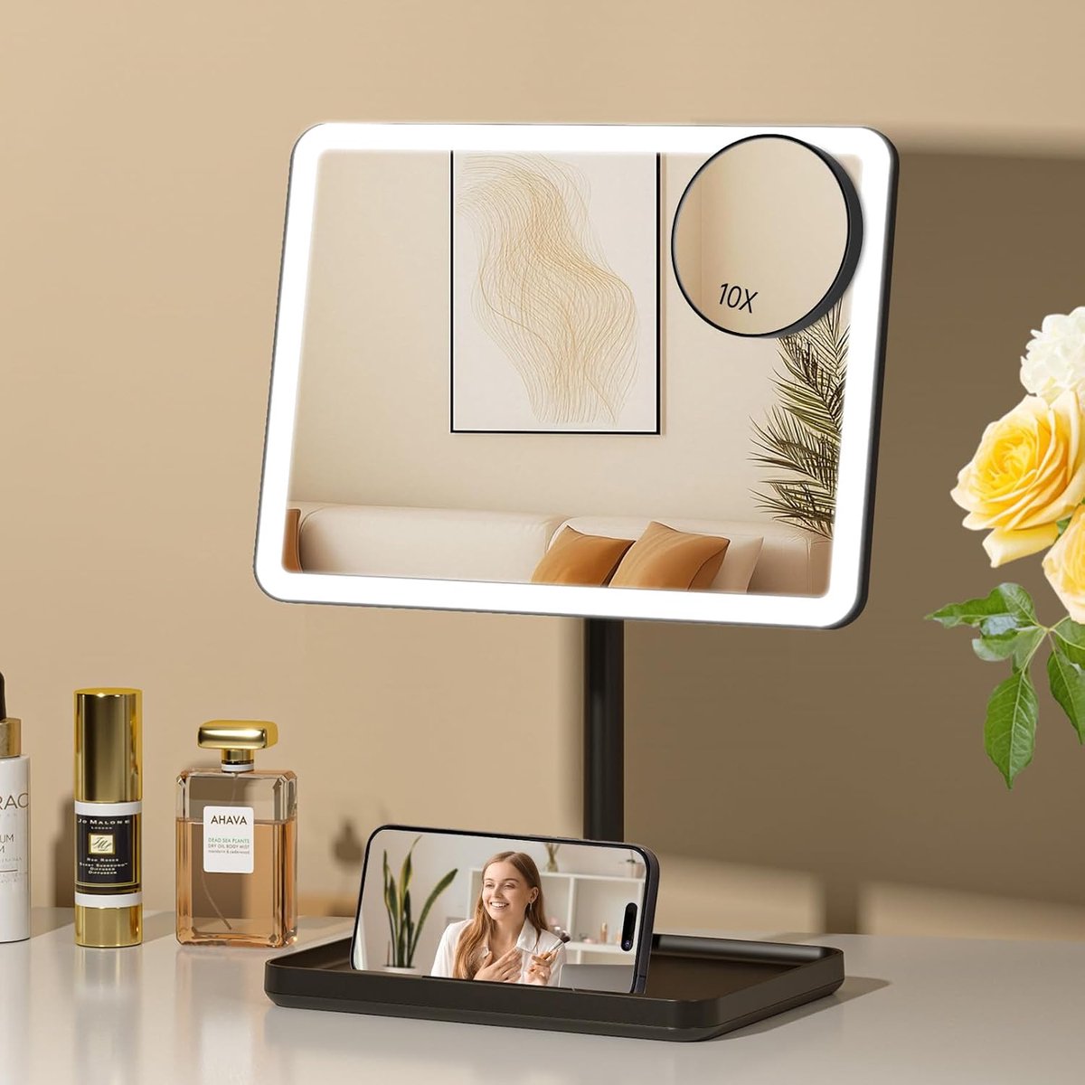 Oplaadbare make-up make-upspiegel met verlichting | Groot spiegeloppervlak, 3 kleuren licht, dimbare helderheid, 360° rotatie, cosmetische spiegel voor thuis, kantoor