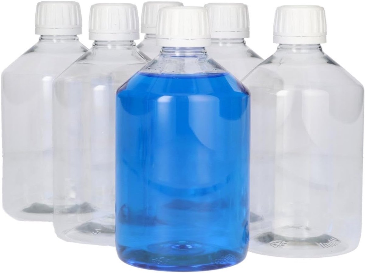 6 x 500 ml Pharma PET Fles Transparant met Garantiedop Wit- PET Kunststof BPA-vrij - Plastic Flessen Navulbaar - Met Dop - Lege Flessen - 6 stuks