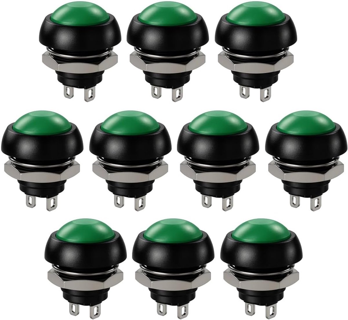 10 stuks 12mm Waterdichte Momentane Drukknop SPST AAN/UIT 3A/3V-5V-9V-12V-24V-230VAC, Mini Ronde Knop voor Auto, pc, Tafellamp, Deurbel (Groen)