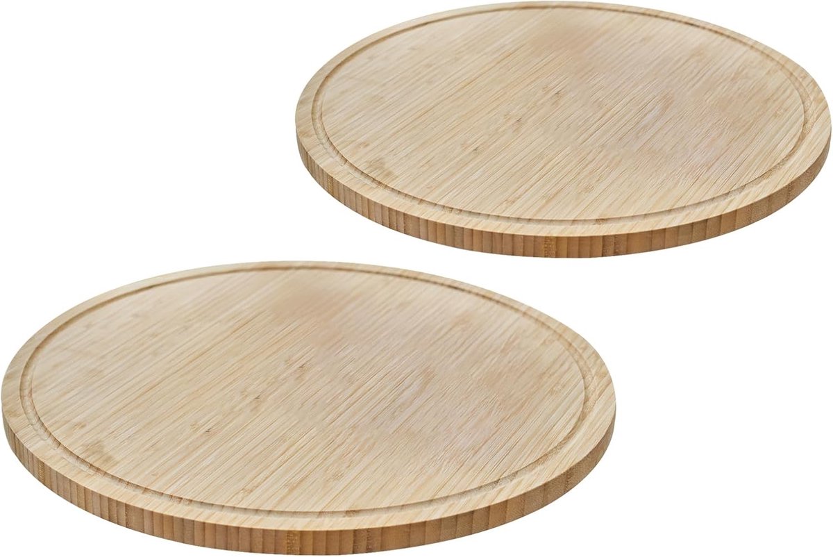 LUIGI 2-delige bamboe dienblad snijplank ontbijtplanken houten plank keukenplank serveerschaal bamboehout sapgoot rond robuust gelakt