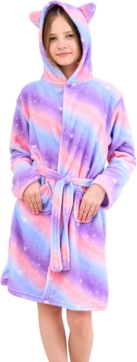 Badjas voor Meisjes Zachte Fleece Ochtendjas met Capuchon en Kattenoren