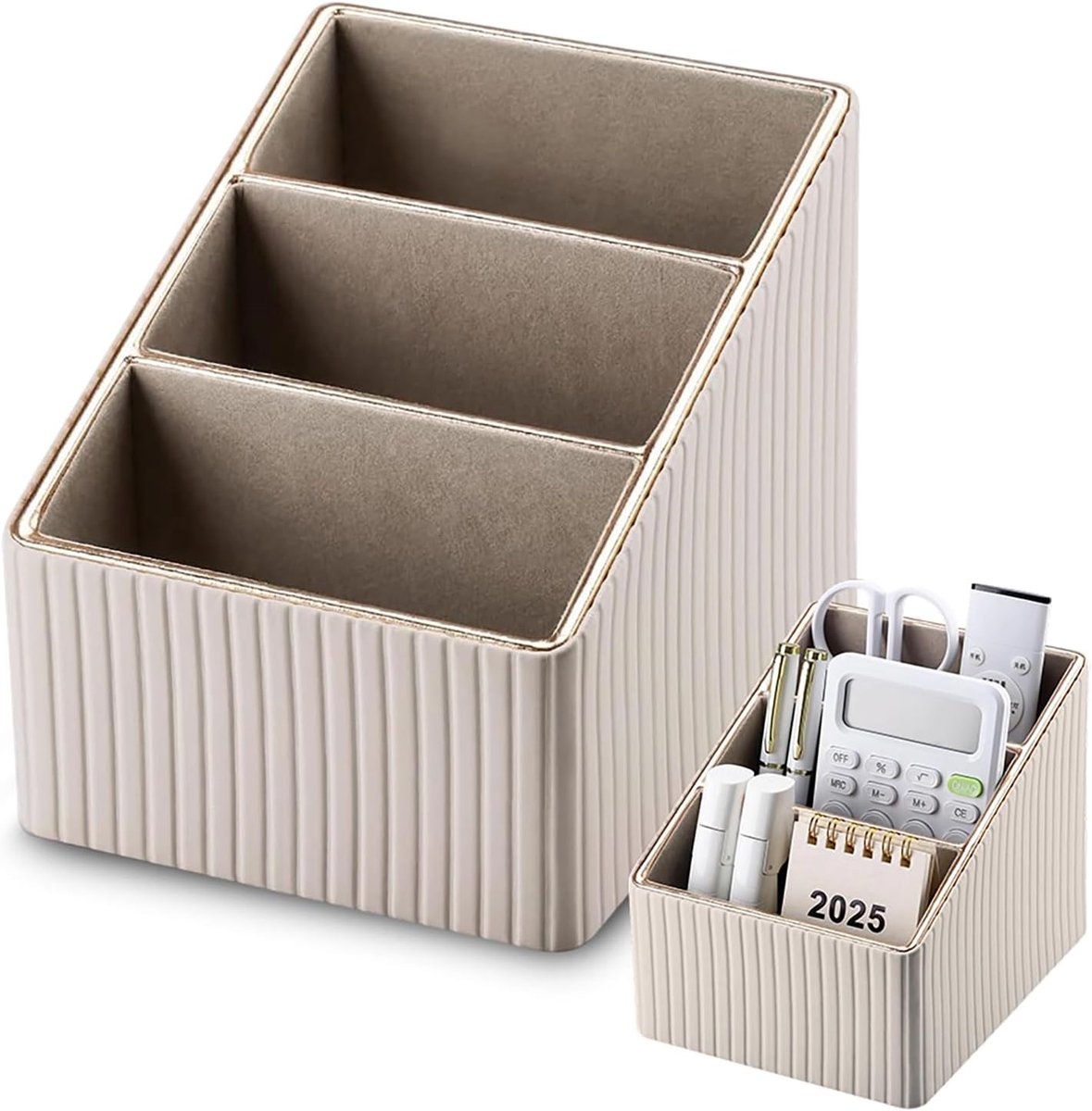 Bureau-organizer, afstandsbedieningshouder, PU-leer, multifunctionele pennenhouder, bureau, organizer met 3 vakken, organizer voor kantoor, thuis, school, camel