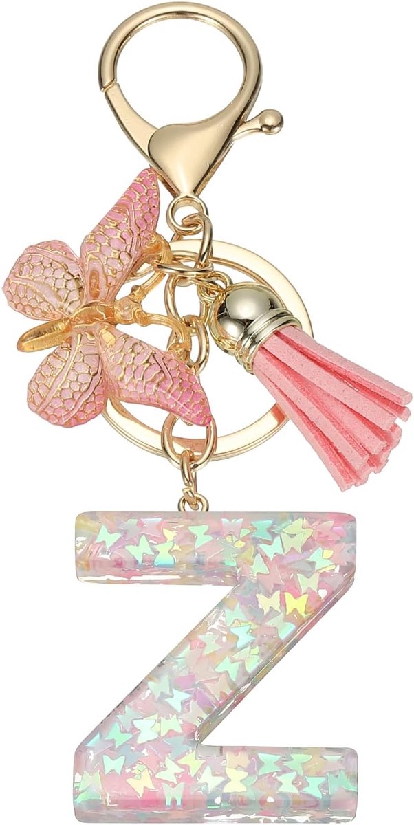 Initial Letter Sleutelhanger, schattige kwasten-vlindersleutelhanger, alfabet Z, letterhanger voor vrouwen, meisjes, sleutels, portemonnee, handtas, rugzak (roze, 1 stuks)