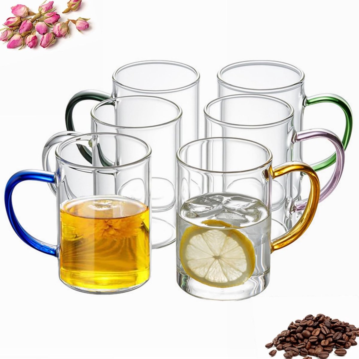 transparant, 6 x 315 ml, drinkglazen met gekleurd handvat, hittebestendige koffiekopjes, latte macchiato-glazen, theekopjes, voor feest en restaurant, set van 6 glas