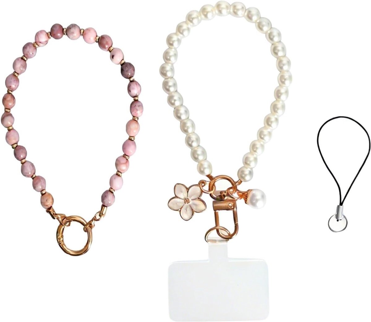 2 stuks telefoonkettingen met parels, kort, telefoonketting van natuursteen en kunstparels, telefoonketting, universeel, polsband, telefoonband, sleutelhangers voor vrouw en meisjes, roze en wit