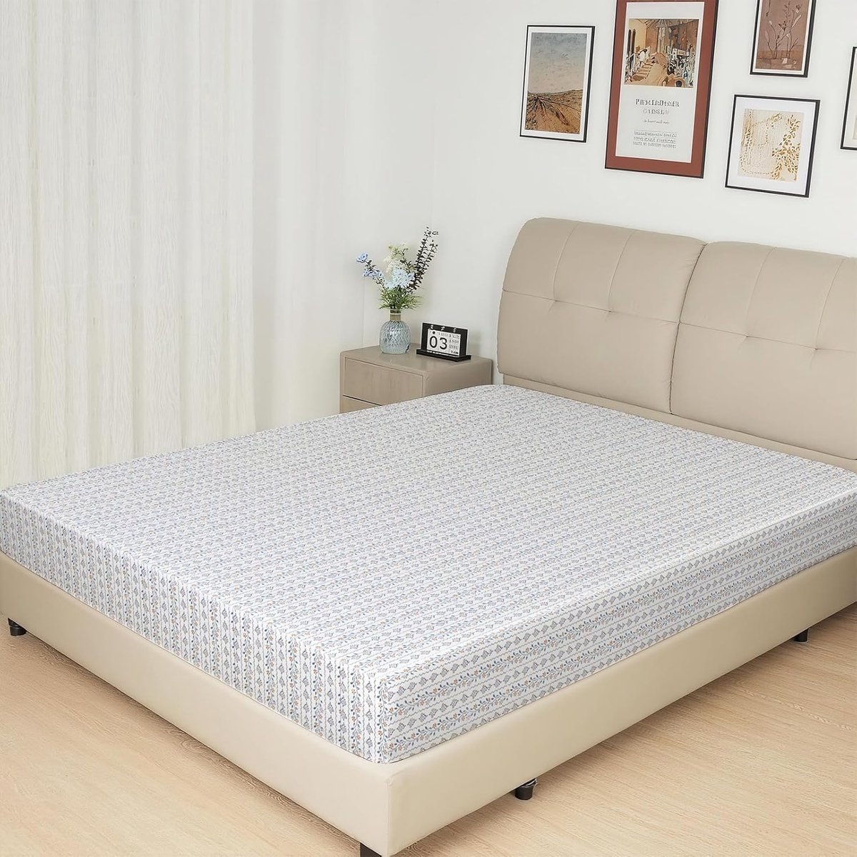 Satin Hoeslaken, Zijdezacht Polyester Satijn Weefsel, 36 cm Diepe Zakken met Elastieke Hoekbanden, 90 x 200 x 36 cm, Bloemen Strepen
